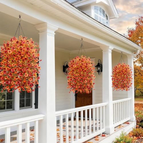 Image of Bassion Artificial Mums for Outdoor, 2 Pcs Fake Fall Hanging Flowers, Mixed