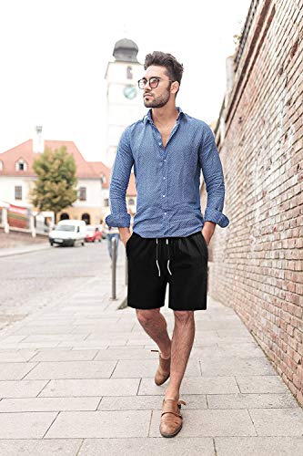 LTIFONE Mens Casual Shorts Elastic Waist 7" Inseam with Drawstring Slim Fit Summer Pants with Pockets(Black,S)