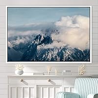 Framed Canvas Wall Art Foggy Mountains Aerial Cool Multicolor Nature Photography Realism Relax/Calm Rustic Wilderness - 16x24 inches
