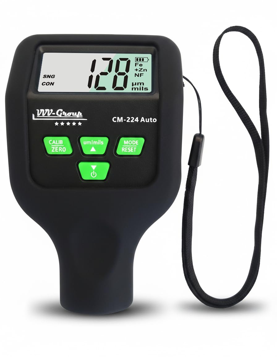 Paint Thickness Gauge CM-224 Auto – Digital Coating Thickness Meter for Cars and Automotive Inspection, Fe / Al / Fe+Zn Detection, 0.1 μm Resolution, Factory Calibrated, Large Backlit LCD