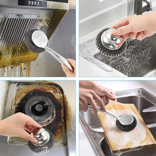 Image of Stainless Steel Wool Scrubber with Handle, 3Pcs Detachable Metal Steel Scrubber Wool Pads for Cleaning Dishes, Metal Scrubber Pot Scrubbers Can Clean Iron Pots Stoves