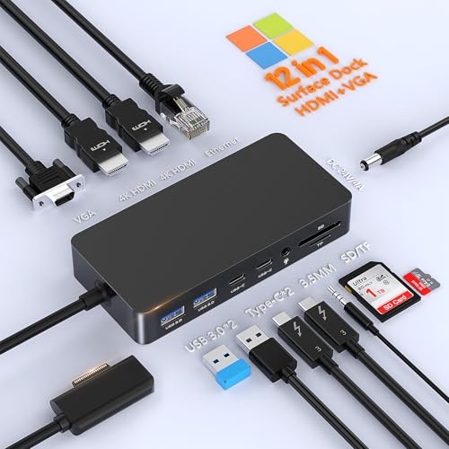 Microsoft Surface Dock 2, Surface Docking Station 12 in 1 Triple Display Surface Dock mit 2 HDMI 4K +VGAfür Surface Pro 11/10/9/8/×/7/6/5/4/3, Surface Laptop 7/6/5/go/4/3/2/1,Surface Book Laptop 3/2/1