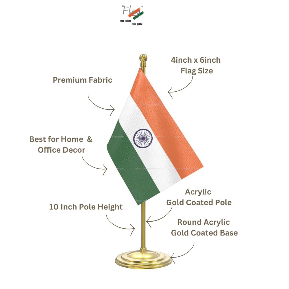 The Flag Company India Table Flag with Gold Arcylic Pole & Round Base | 4inch x 6inch Flag 2