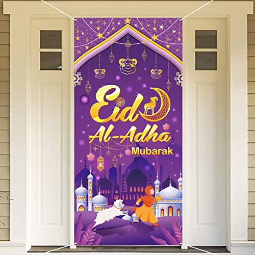 HOWAF Eid al Adha Party Door Cover, Eid Al Adha Mubarak Party Door Banner for Outdoor Indoor Eid Themed Party Supplies, Eid al Adha Party Decoration Background Banner, Purple