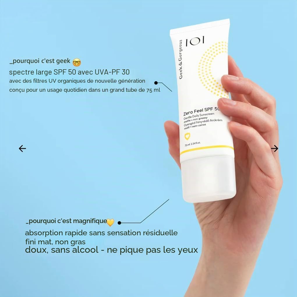 Geek & Gorgeous Zero Feel Protection Solaire Quotidienne SPF 50 – Formule Légère Non Grasse avec Protection à Large Bande UVA-PF 30 – pour Tous les Types de Peau