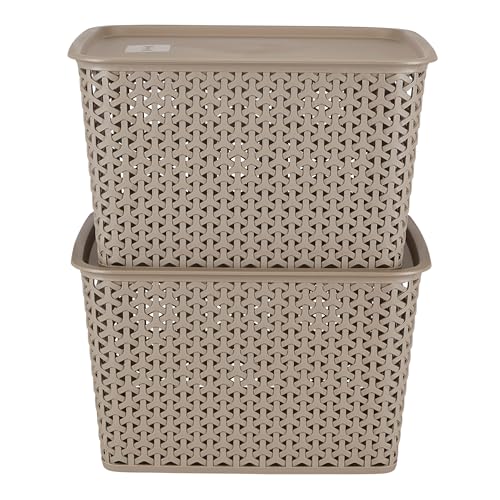 Image of KOLORR Royal Baskets pack of 2 Large Basket with 2 Lid - LT Brown | stackable| easy to clean | strong and durable | BPA free | Multipurpose Plastic Storage Basket, Rectangular