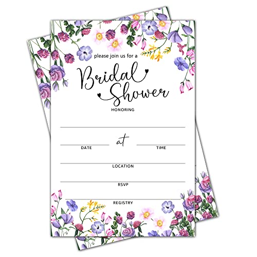 Bridal Shower Invitation Cards with Envelopes - Purple Wildflowers Fill in The Blank Bridal Shower Cards, For Weddings, Engagement, Party and Receptions Supplies, 25 Invites With Envelopes - 008