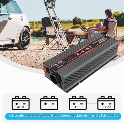 Miniatura 6 de Datouboss Inversor 1800w De 12v A 230v De Onda Sinusoidal Pura Convertidor De Voltaje Pico De Potencia 3600w Con Tomas Eu, Salida Usb Y Pantalla Led Para Electrodomésticos Caravana Camión, Negro