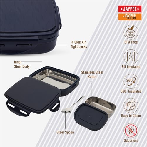 Image of JAYPEE Inner Stainless Steel Insulated Lunch Box Wavesteel Sr. Dark Blue, 600 ml, Airtight Tiffin Box for School Kids |Spillproof with Silicon Seal |Food Grade | BPA Free