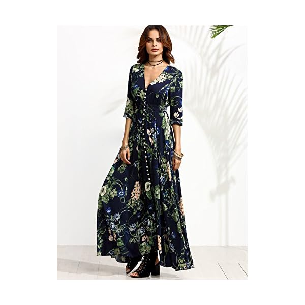 Milumia-Womens-Button-Up-Split-Floral-Print-Flowy-Party-Maxi-Dress Milumia Women's Button Up Split Floral Print Flowy Party Maxi Dress Navy Blue X-Large
