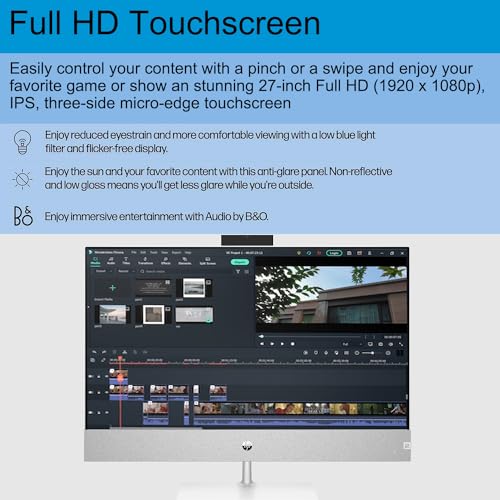 Image of HP Pavilion All-in-One Desktop, 27 inch FHD Touchscreen, Intel Core i7-13700T, NVIDIA GeForce RTX 3050, 64GB RAM, 2TB SSD, IR Camera, Wireless Keyboard & Mouse, Wi-Fi 6, Windows 11 Home, White