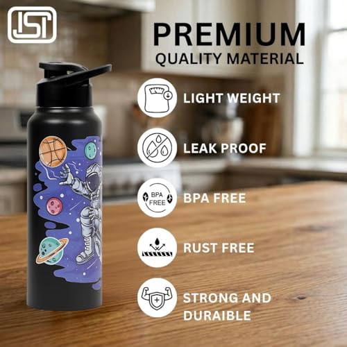 Image of VOIK Stainless Steel Printed Water Bottle 1000ml with UV Astronaut Print | Leakproof Water Bottle for Kids, Office, School, Gym, Sports & Travel | BPA Free, Rust Resistant (Astronaud Sipper 1000ml)