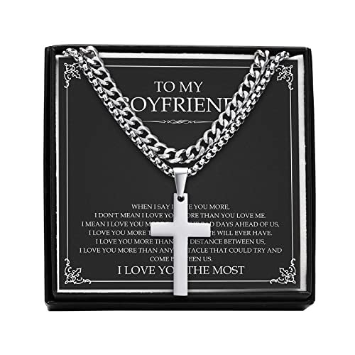 VNOX Men's Stainless Steel Layered Cross Necklace - Silver Cuban Chain Necklace for Dad, Son, Husband, Boyfriend - Personalized Gift for Any Occasion