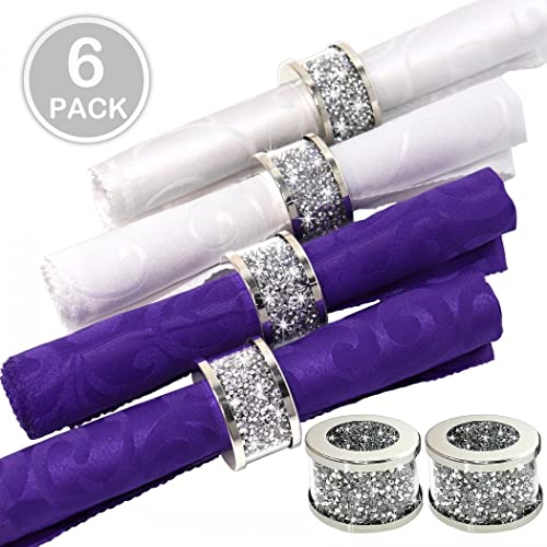 Stylishia Silver Diamond Glass Napkin Holder Stainless Steel Framed Crystal Silver Napkin Rings Set Of 6 Pieces, Glam Serviette Buckles Cloth Holder Bling Crushed Diamond Table Settings Home Decor #TOP2