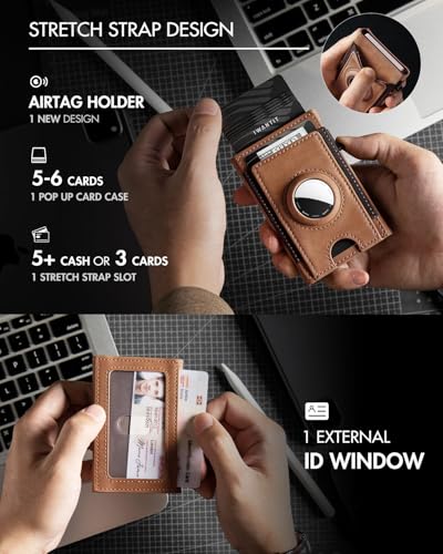 Airtag Wallet for Men, Slim Minimalist Mens Wallet with AirTag Holder, Front Pocket Smart Pop Up Air Tag Wallet Credit Card Holder with ID Window, RFID Blocking Gifts for Men(Brown)3
