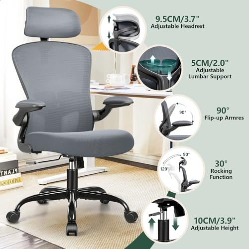 FelixKing Office Desk Chairs, Ergonomic PC Desk Chair with Wheels, Adjustable Lumbar Support and Height, Swivel Computer Chair with Flip-up Armrests, Ergo Mesh Backrest for Working (Dark Gray)