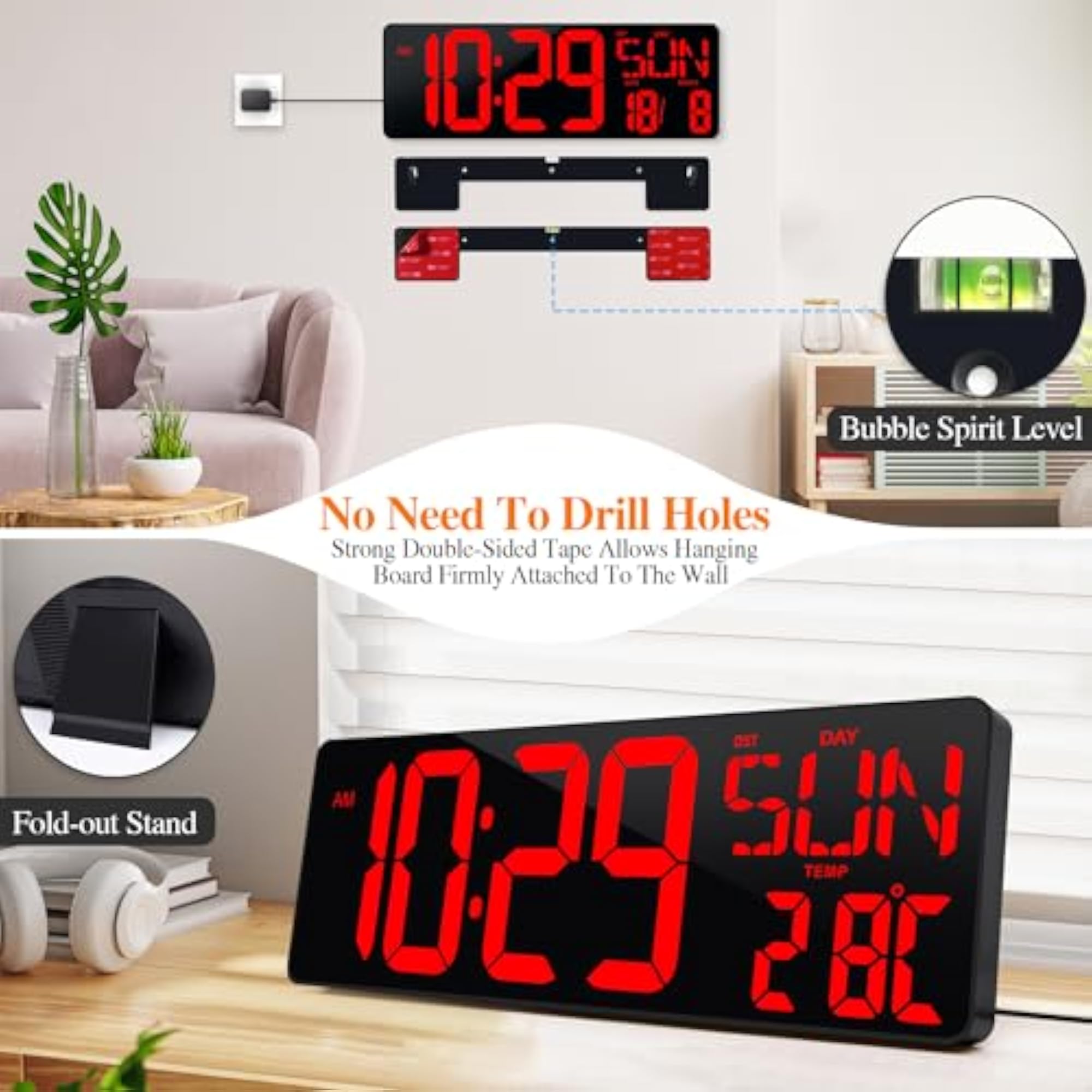 Large Digital Wall Clock with Remote Control, 17.2" LED Display