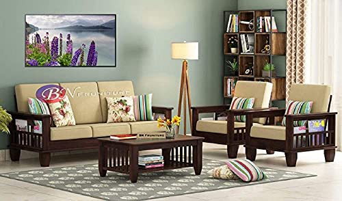 Image of BN Furniture Solid Sheesham Wood Sofa Set 6,5,3&2 Seater Cushioned Back for Living Room Stylish, Durable & Comfortable for Home, Office, Hall, Guest Room (Black with Gray Cushion, 5 Seater)