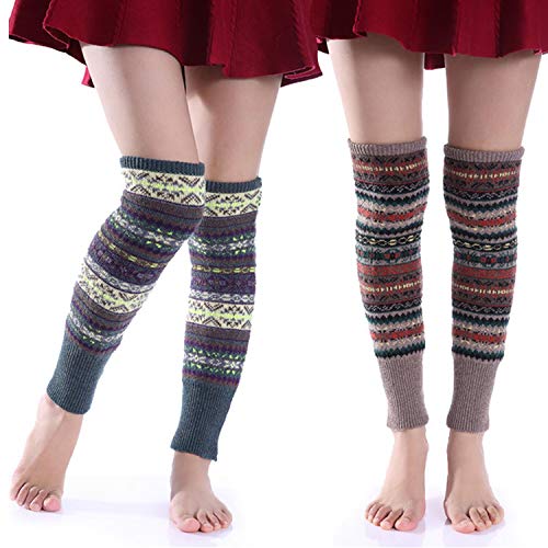 Women Leg Warmers Winter Bohemian Boot Cuffs Knit Crochet Knee High Long Socks (Option C)