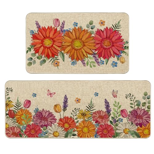 Tikeciti Spring Summer Blooming Daisies Kitchen Mats Set of 2, Daisy Wildfloral Kitchen Rugs Seasonal Tulip Lavender Holiday Floor Non-Slip Low Profile Mat Farmhouse Home Decor 17x29 and 17x47 Inch