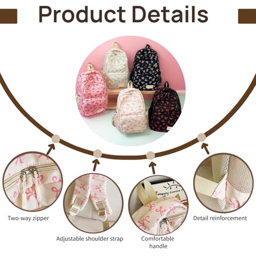 Bow Backpack 3Pcs Set for Girls,Aesthetic Daypack Bow Rucksack,New Cute Kawaii Backpacks Set Large Capacity (White Pink) 5