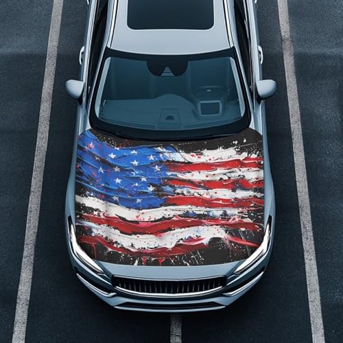 Image of Patriotic Car Hood Cover for Automobiles,Watercolor American Flag Car Bonnet Banner, Universal Fit, Elastic Polyester, Stretchable, Waterproof Automotive Hood Covers,Car Accessories