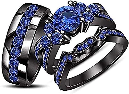 Thegoldencrafter Round Cut Blue Sapphire Stone His & Her Trio Infinity Ring Set in Black Gold Over Sterling Silver Ladies Bridal & Men Wedding Band Ring