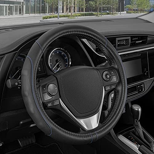 Motor Trend - SW-761-BL-S__AM GripDrive Pro Synthetic Leather Auto Car Steering Wheel Cover Black w/ Blue Accent Stitching Comfort Grip - Small 13.5 to 14.5 inch
