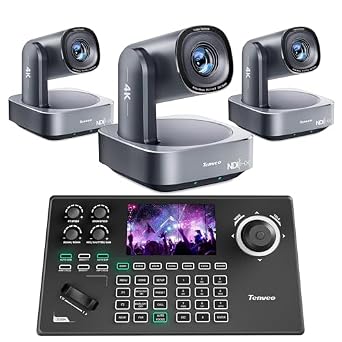 Tenveo 4K PTZ Camera and Controller Bundle/Kits - 20X AI Tracking HDMI/USB/LANPoE 4K NDI PTZ Camera3PCS with NDI PTZ Controller 5-Inch LCD 4D Joystick for Church Live Streaming Conference