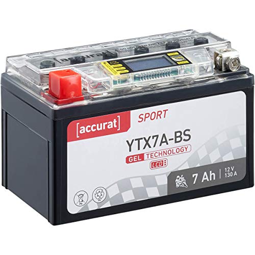 Accurat Motorradbatterie YTX7A-BS - 12V, 7Ah, 130A, rüttelfest, wartungsfrei, LCD Display - Starterbatterie, Gel Batterie in Erstausrüsterqualität für Rasentraktor, Roller, Motorrad, Quad