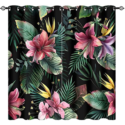 Lot de 2 rideaux occultants avec œillets insonorisants et thermiques pour salon Motif fleurs tropicales sur fond noir 106,7 x 160 cm Cover