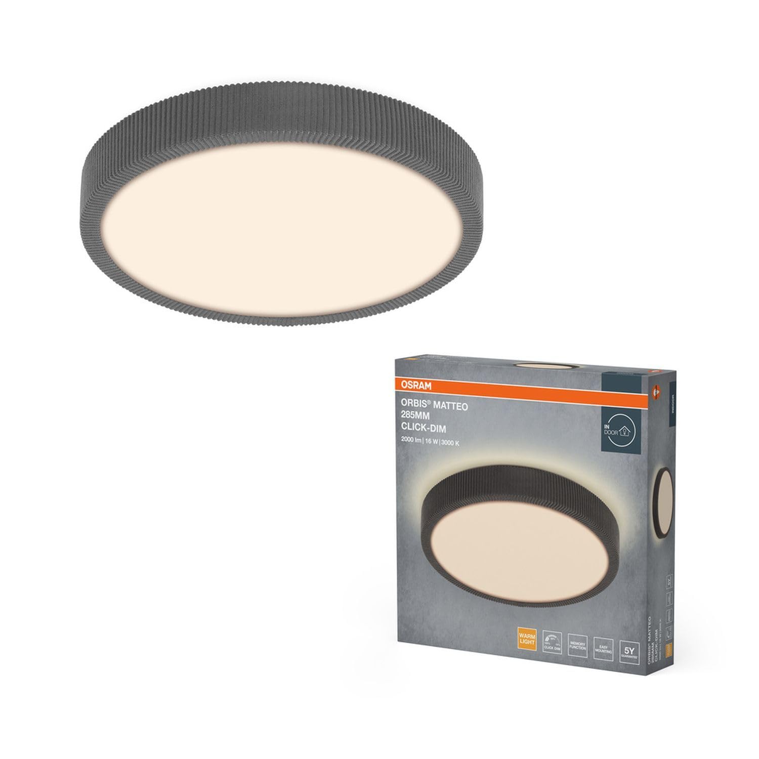 Licht-Erlebnisse LED Deckenleuchte Metall Stoff Grau 3000 K Click-DIM modern wohnlich Schlafzimmer Flur Essbereich Ø28.5 cm flache Deckenlampe Büro