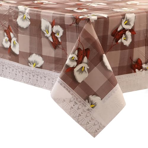 Image of Dakshya Industries 6 Seater PVC Waterproof Dining Table Cover 60x90 Inch | Floral Printed Washable Table Cloth with Lace Border