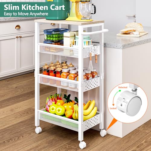 Image of Vivihomety Utility Slim Storage Cart with Wheels, 4 Tier Small Rolling Cart with Wood Top, Metal Kitchen Bathroom Laundry Room Organization Trolley with Handle for Narrow Space - White