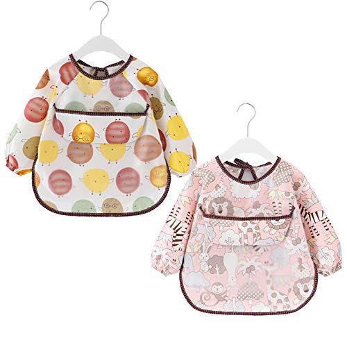 2 Paquetes Babero con Mangas Largas Impermeable Baberos de Alimentación para Bebés Algodón Delantal Lavable del Bebé por 6-36 Meses Niños Comiendo Pintura y Jugando
