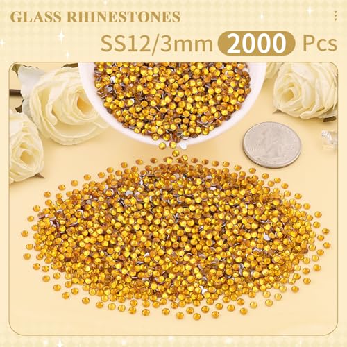 Image of 2000PCS SS12 /3mm Crystal Glass Rhinestones for Bedazzling (Topaz) | Flatback Rhinestones for Crafting DIY Nail Art Makeup Decoration, Gems Diomand Charms for Tumbler Shoes Clothing Mug