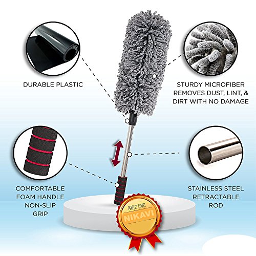 Image of NIKAVI The Best Microfiber Multipurpose Duster - Pollen Removing - Exterior or Interior Use - Lint Free - Long Unbreakable Extendable Handle