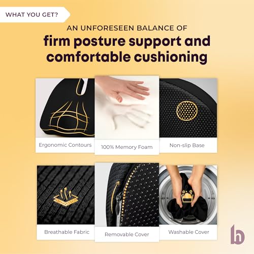 Image of betterhood PosturePro Coccyx Seat Cushion for Tailbone Pain Relief, Anti Slip Orthopedic Ergonomic Office Chair Memory Foam Sitting Pillow for Sciatica Pain Relief, Cotton Cover (Large - Black)