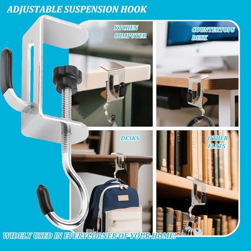 Image of 2-Pack Adjustable Metal Desk Hooks for Table | Heavy-Duty Under Desk Bag Holder, Purse & Backpack Hanger, Headphone and Umbrella Hook | No-Drill Clamp Table Hook for Office, Home & Study Desk