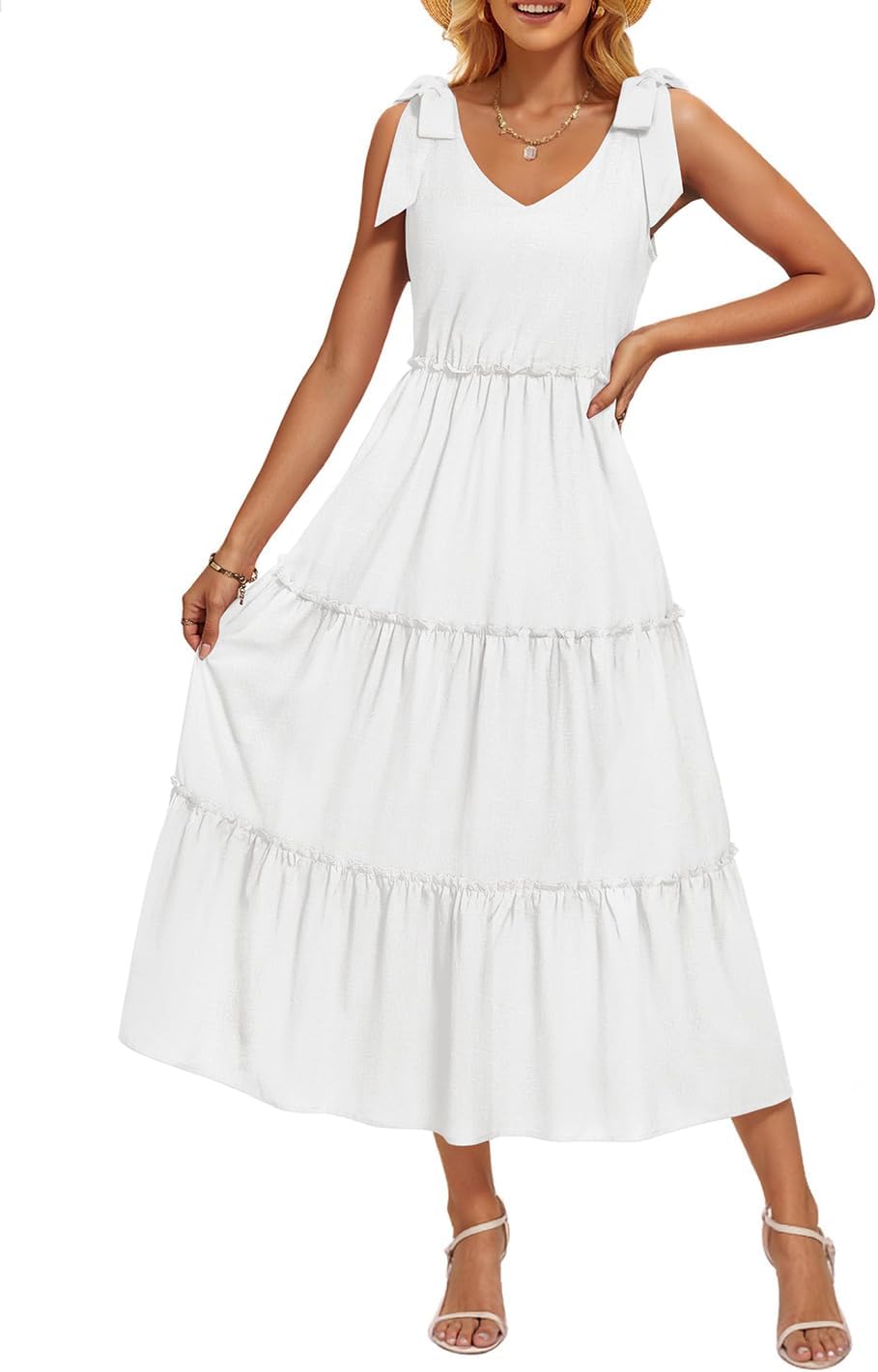 ZESICA Women's 2026 Summer Boho Sleeveless Midi Dresses Casual V Neck Spaghetti Strap Flowy A Line Tiered Beach Long Sundress