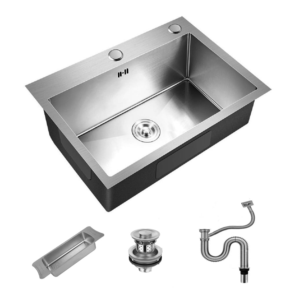 Inset/Undermount Stainless Steel Kitchen Sink Deep Square Single Bowl with Strainer Drain, Silver (55x45cm)