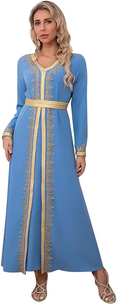 OBEEII Women Abaya Dress Muslim Moroccan Embroidery Lace Kaftan Maxi Dress Modest Islamic Dubai Ramadan Prayer Robe