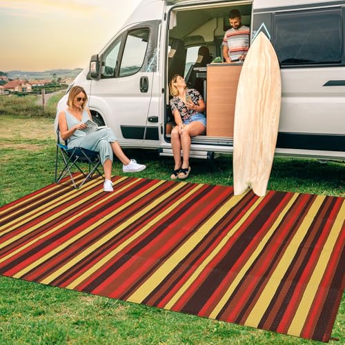 GarveeHome 9x18 Outdoor Rug Modern Geometric Reversible Plastic Straw Outdoor Large Rugs Colorful Striped Lines Outside Decor Carpet Waterproof Portable for Balcony Camping Picnic, Red Orange Yellow by GarveeHome - Image 3