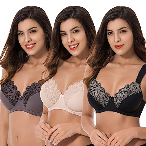 Curve Muse Plus Size Unlined Minimizer Underwire Bra with Embroidery Lace-3 Pack-Grey,Pink,Black-36D