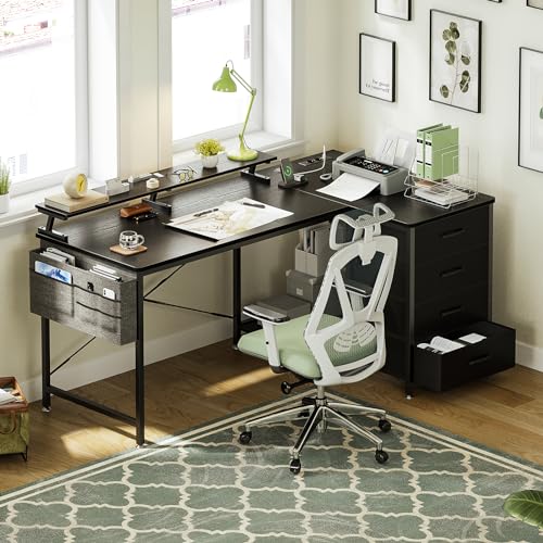 ODK Schreibtisch L Form Schwarz, Eckschreibtisch Reversibel mit 4 Schubladen, 140x80x84.7cm Ecktisch mit 2 USB-Ladeanschluss&2 Steckdose, Computertisch L Form für Homeoffice – Bild 2