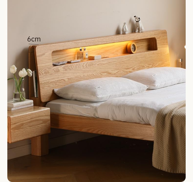 Oak, Beech Solid Wood Bed with Light and Bookshelf US Size - RV King 72" x 80" (182 x 203 cm) / Walnut Color Oak high Berth Diagonal backrest Walnut Color Oak High Berth Diagonal Backrest US size - RV KING 72" x 80" (182 x 203 cm)