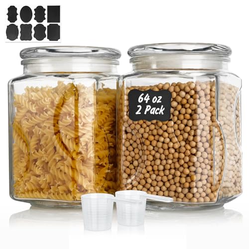 SUROQUE Glass Jars with Lids 64 oz, Airtight Silicone Seal & Non-Slip Design, Large Glass Storage Containers with Lids, Wide-Mouth Storage Containers for Kitchen, Laundry, Pantry & Office, Set of 2