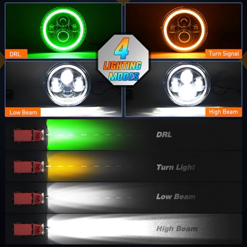 Image of Nilight 7 Inch Round LED Halo Headlights w /Turn Signal Amber Light Green DRL High Low Beam 7 inch Headlight Compatible with 2007 2008 2009 2010 2011 2012 2013 2014 2015 2016 2017 2018 Wrangler JK JKU