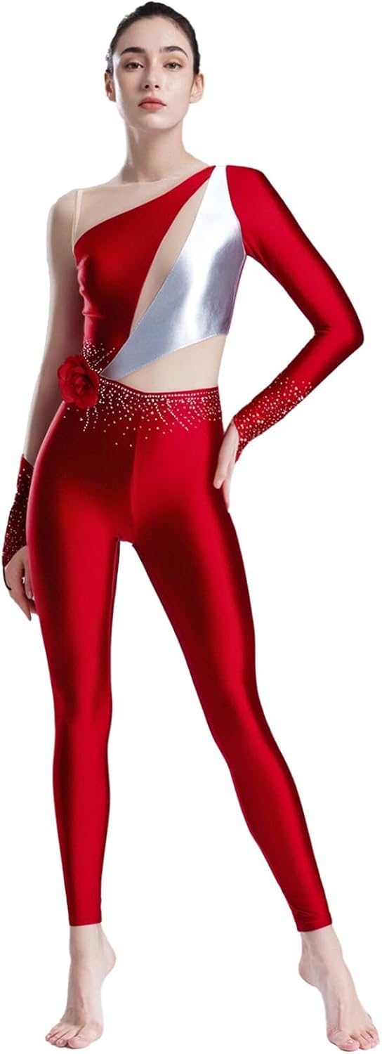 Women Shiny Rhinestone Gymnastics Leotard Unitard Full Body Long Sleeve Figure Ice Skating Jumpsuit