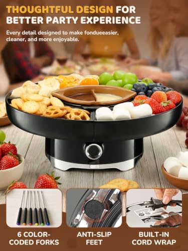 Image of LUSHYUM Electric Chocolate Fondue Set, 4-Cup Chocolate, Rotating Tray | Melt & Warm Modes, Dual Silicone Inserts, 6 Color-Coded Forks, Easy-Clean, Ideal for Candy Melts, Couple Family, Date Night